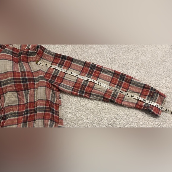 American Eagle Women Boyfriend Fit Long Sleeve Orange/Cream Plaid Flannel Large - Picture 6 of 11